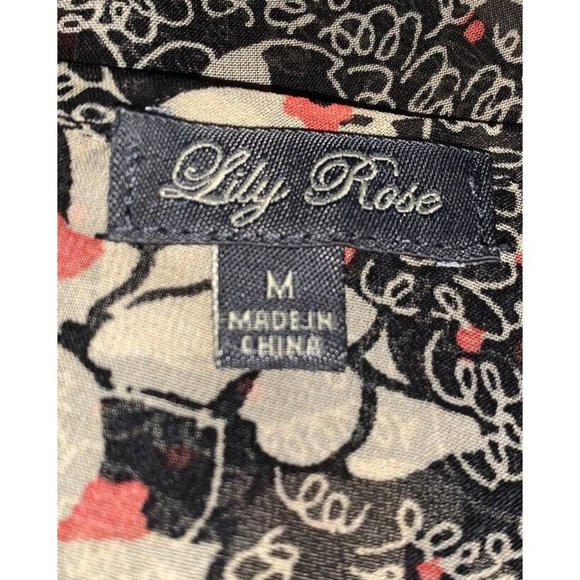 Lily Rose Sz MEDIUM Tunic Peplum Popover Black Scribble Floral Semi Sheer EUC - Picture 9 of 11